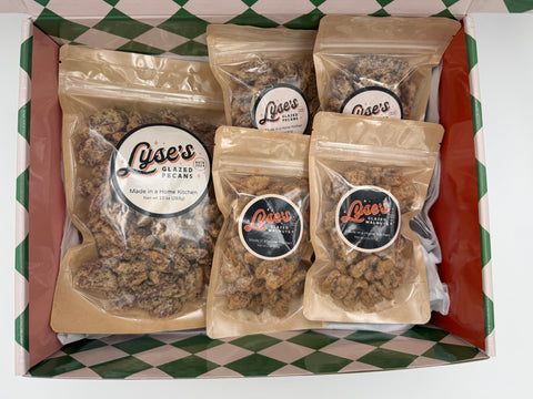 Lyse's Merry & Bright Gift Box of JUST NUTS (1 LG Bag of Pecans; 2 SM Bags of Pecans, 2 SM Bags of Walnuts)