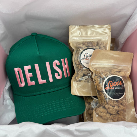 Lyse's DELISH Pink Box  (1 DELISH hat, 3 SM Bags of Pecans, 3 SM Bags of Walnuts)