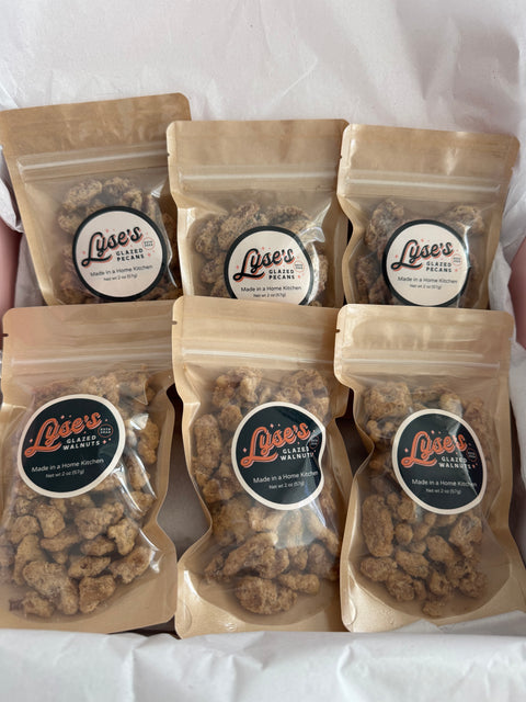 Lyse's Gift Box of Variety Pack  (3 SM Bags of Pecans, 3 SM Bags of Walnuts, Pink Box)