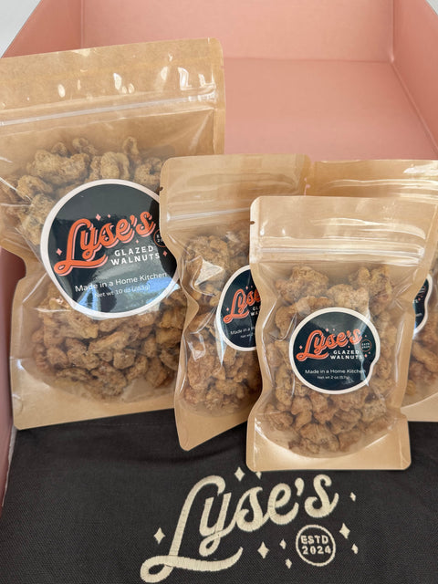 Lyse's Deluxe Gift Box of Glazed Walnuts  (1 Lg Bag, 3 SM Bags and Apron)