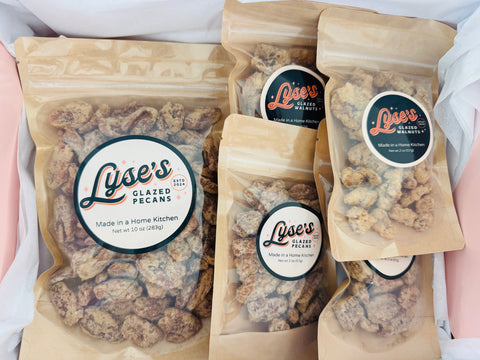 Lyse's Gift Box of Just Nuts Variety  (1 LG Bag of Pecans; 2 SM Bags of Pecans, 2 SM Bags of Walnuts, Pink Box and Card)
