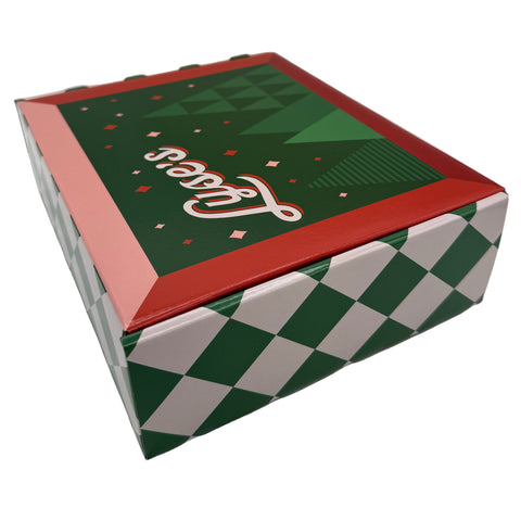 Hexagonal box with green and red design on a white background
