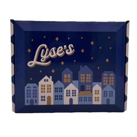 Navy blue box with 'Lyse' branding and house illustrations on a white background