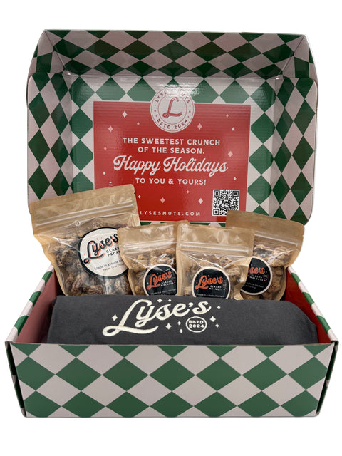 Lyes's holiday package with a green and white checkered design on a white background